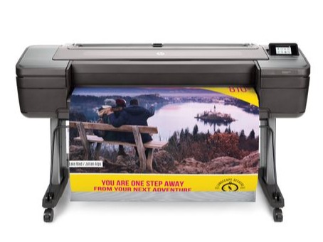 Black 44&quot; HP DesignJet Z6 Printer Plotter, Large Format Graphics Printer. High Quality Picture of Two People in Scenic Mountain and Lake View.